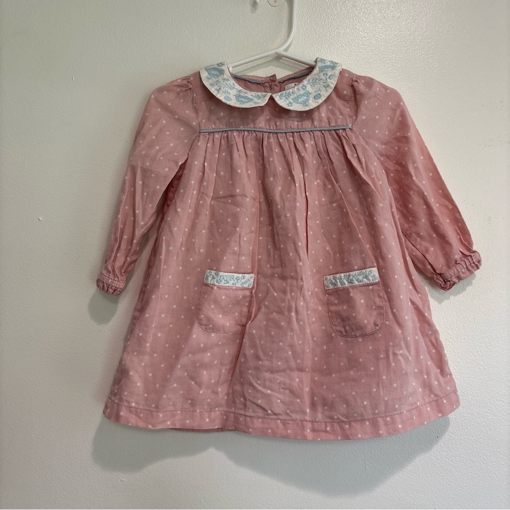 Baby Boden 6-12 months pink Polka Dot Long Sleeve Dress Peter Pan Collar Easter